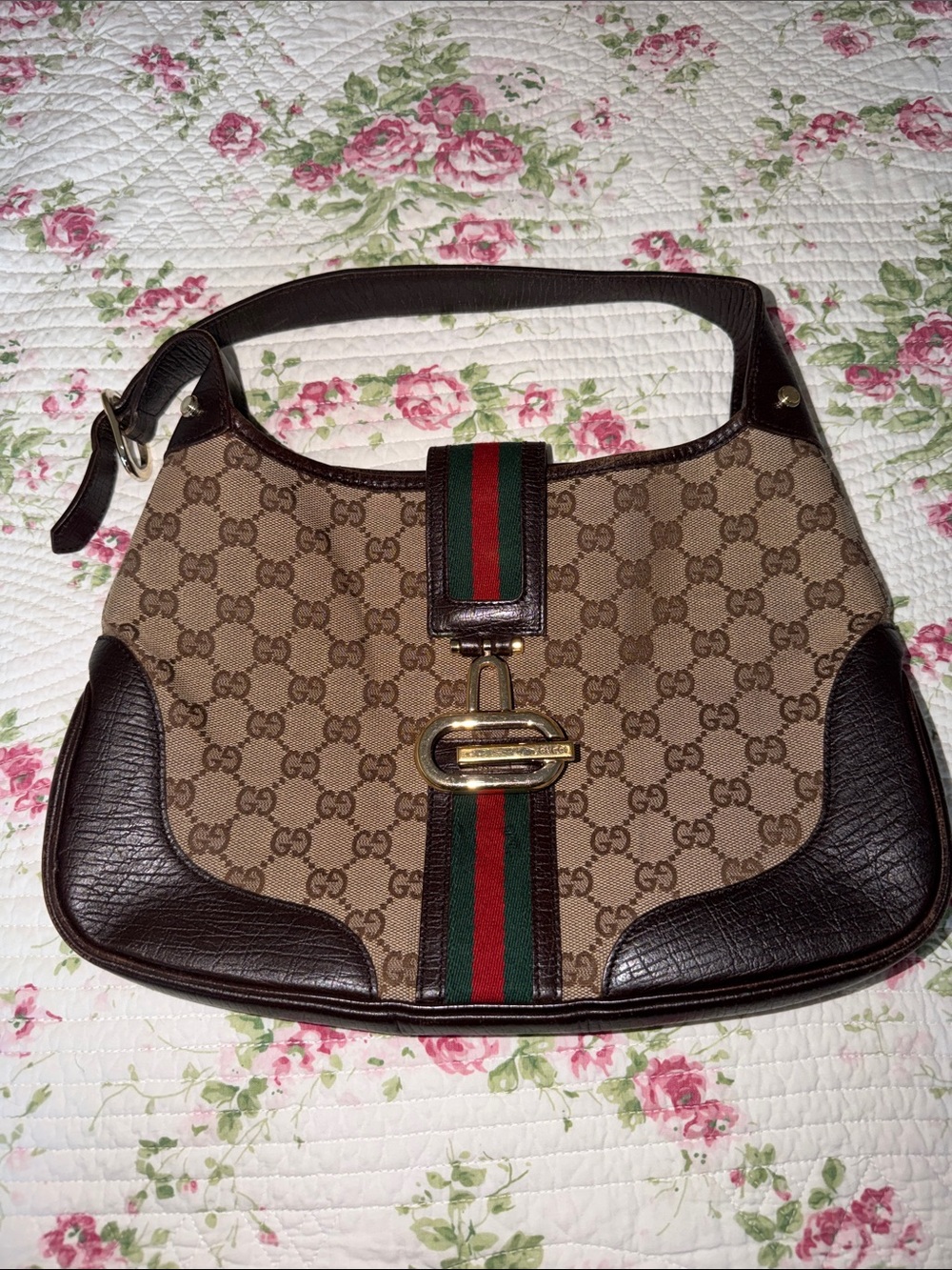 Gucci Brown GG Canvas Shoulder Bag with Green and Red Web - Picture 1 of 10